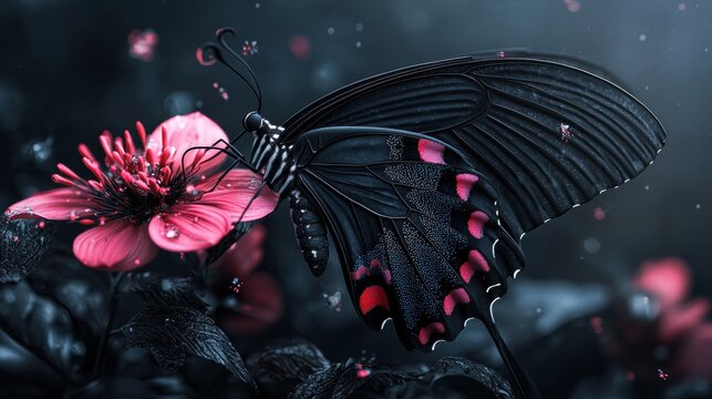 A black butterfly with red spots on its wings rests on a pink flower.