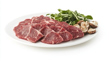 105.A clean studio shot of a shabu beef set, showcasing marbled beef slices neatly layered on a flat white plate, with fresh ingredients like mushrooms and greens styled nearby, isolated on a