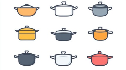 Fototapeta premium 40.A collection of kitchen pot icons in vector format, showcasing a mix of simple line drawings, detailed flat designs with shading, and monochrome silhouettes, each styled distinctly for versatile