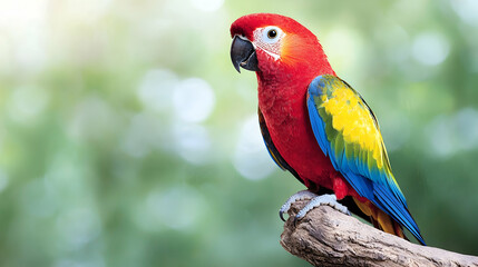 Obraz premium Vibrant scarlet macaw perched on a wooden branch in a tropical forest during daytime.