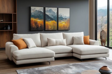 Fototapeta premium Modern minimalist four-seater sofa with chaise longue, beige linen fabric, classic style, and comfortable seating for living room interior design.