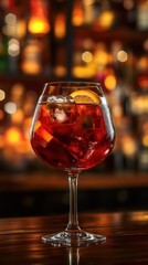 Refreshing aperol spritz cocktail with orange slice and ice cubes on wooden bar counter in warm light background