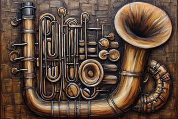 Brass Instrument Close-Up Detail on Artistic Wooden Background
