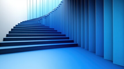 Fototapeta premium Abstract blue staircase ascending with vertical panels in a modern architectural design perspective geometric composition minimalist style