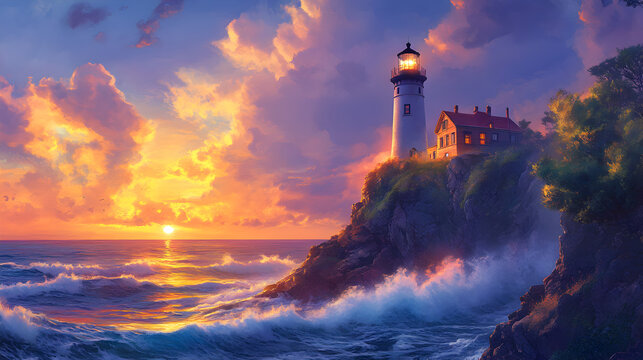 lighthouse perched on a rocky coast, with waves crashing below and a beautiful sunset in the background 