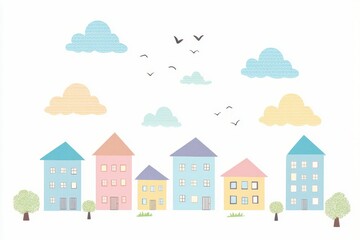 Fototapeta premium Colorful Illustrated Houses with Clouds and Birds in a Bright Scene
