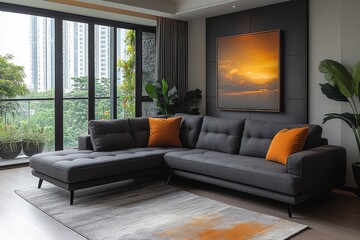 Fototapeta premium Dark gray fabric three-seater sofa with chaise longue, luxurious velvet material, European and American-style metal legs, and carpeted floor with dawn light through French windows.