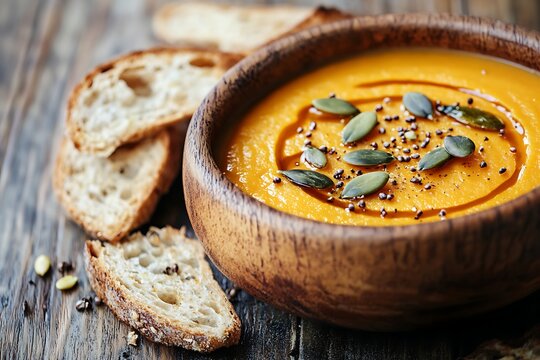 Rustic wooden bowl of creamy pumpkin soup with toasted bread, seeds, and drizzle, on a dark wooden table