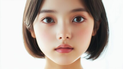 Fototapeta premium A young Asian woman with a stylish bob cut smiles confidently, set against a crisp white background. The portrait radiates positivity and simplicity, making it visually striking.
