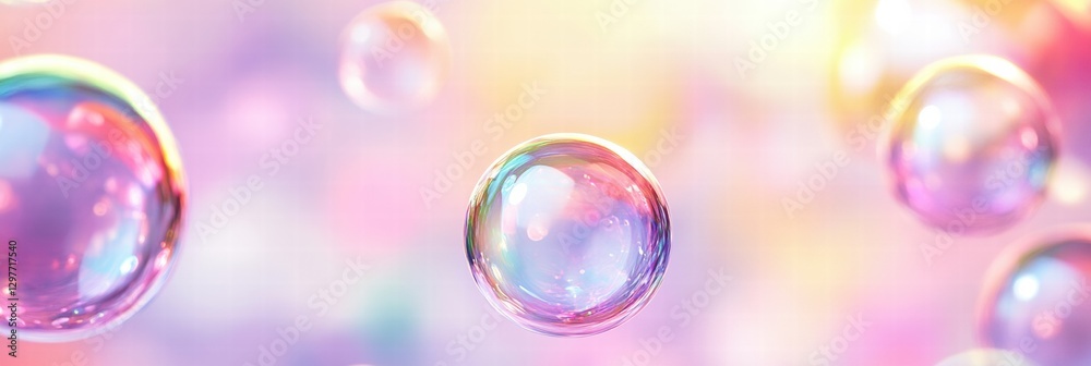 Poster Colorful soap bubbles create a mesmerizing repeating pattern in a soft pastel background. Generative AI