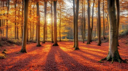 Autumn Light Through Glowing Leaves in Forest