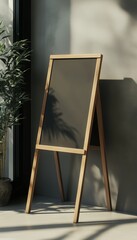 Naklejka premium Black chalk board standing on floor empty for table menu or other information