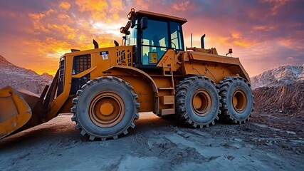 Earthmover on Horizon: A large, robust earthmover, bathed in the warm glow of the setting sun, stands poised in a rugged terrain, a symbol of construction and power.