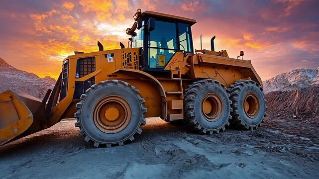 Earthmover on Horizon: A large, robust earthmover, bathed in the warm glow of the setting sun, stands poised in a rugged terrain, a symbol of construction and power.