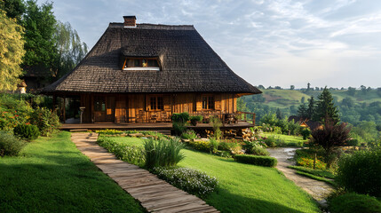 Fototapeta premium wooden house with a thatched roof, surrounded by a well-maintained garden and set against a backdrop of rolling hills 