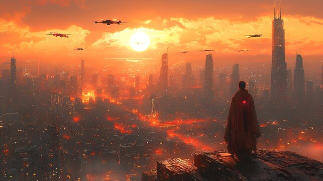 Futuristic city sunset, drones, hooded figure, aerial view, possible use in sci-fi movie poster