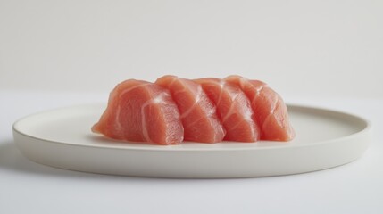 95.A minimalist composition featuring thin, raw slices of Kurobuta pork with visible marbled fat, styled elegantly on a smooth white plate, isolated against a pristine white backdrop.