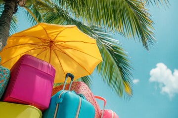 Fototapeta premium Bright Colorful Suitcases Under Palm Tree Summer Vacation Tropical Beach Holiday Travel Bags Luggage Yellow Umbrella Sunny Day Relaxing Getaway fun 