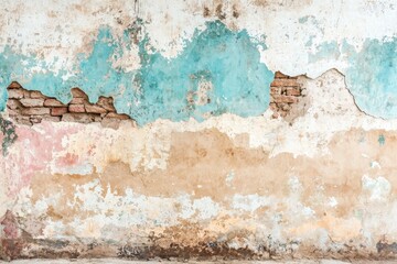 Fototapeta premium Textured Wall with Peeling Paint and Exposed Brick in Pastel Colors