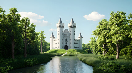 Fototapeta premium Majestic White Castle Surrounded by Lush Greenery and Reflections in a Serene River