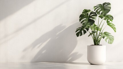 6.A monstera plant with abundant, oversized leaves in a minimalist white pot, the textures of the plant and pot enhanced by soft diffused lighting on a plain background.