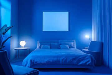 Modern Blue Bedroom Interior Design Night Mood Cozy Bed Comfortable Sleep Peaceful Atmosphere Tranquil Relaxation Serene Space Luxury Home Decor      