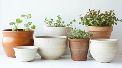 Fototapeta premium 17.A neatly organized set of pots in varying styles and sizes, ranging from glossy ceramic to matte terracotta, placed symmetrically on a bright white surface for contrast.