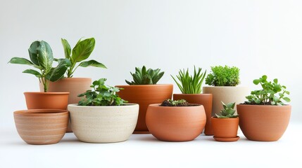 Fototapeta premium 17.A neatly organized set of pots in varying styles and sizes, ranging from glossy ceramic to matte terracotta, placed symmetrically on a bright white surface for contrast.