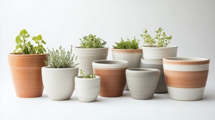 17.A neatly organized set of pots in varying styles and sizes, ranging from glossy ceramic to matte terracotta, placed symmetrically on a bright white surface for contrast.