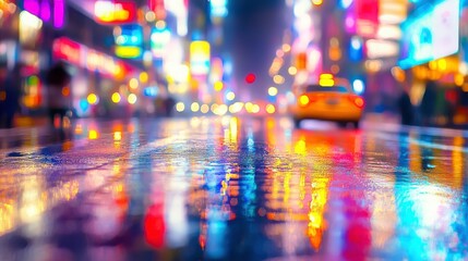 Fototapeta premium Colorful Reflections on Wet Urban Streets at Night