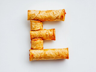 a letter E made of enchiladas. top view. Minimalistic design on a plain white background