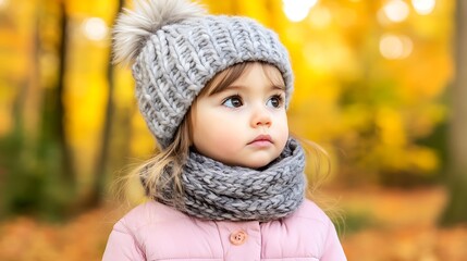 Fototapeta premium Autumn toddler daydreaming in the woods. Seasonal use