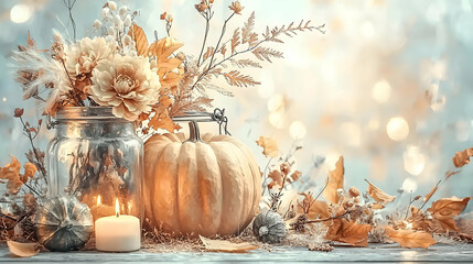 Autumn floral arrangement with pumpkin, candlelight bokeh background
