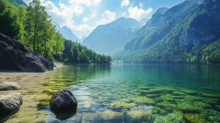 A tranquil lake amidst mountains and waters