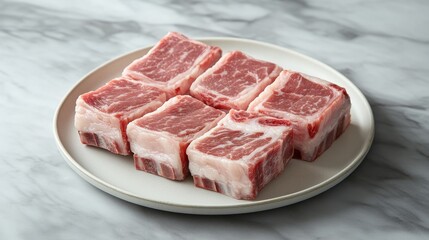 Fototapeta premium 83.A well-lit shot of thinly sliced pork belly placed on a white plate, the marbled fat layers highlighted for texture, with a neutral grey background for a clean and modern look.