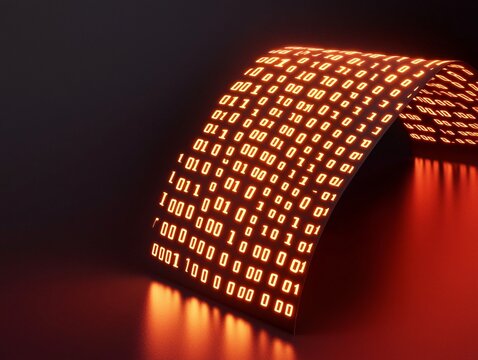 Cyber security crime attack concept. Digital display of binary code illuminated in orange, creating a futuristic, abstract arch shape against a dark background.