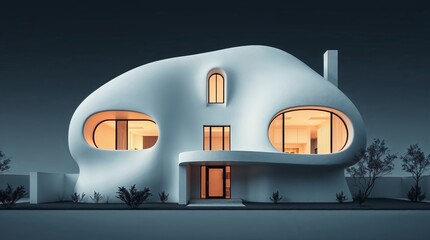 Futuristic beautiful house concept with interesting design and flowing shapes at night
