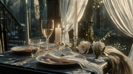 Fototapeta premium romantic dinner setup featuring elegant tableware, candles, and flowers, creating warm and inviting atmosphere for special occasion
