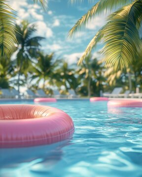 Serene tropical pool scene with pink inflatable rings under palm trees and blue sky for summer relaxation vacation