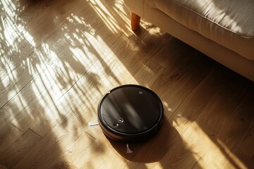 Black Robotic Vacuum Cleaner on Hardwood Floor in Sunlight