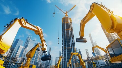 Naklejka premium Construction Site - Cityscape - Skyscraper - Cranes - Machinery