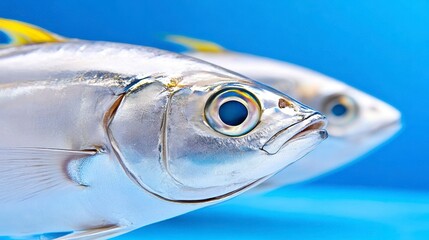 Close-up View of Fish with Shiny Scales and Bright Blue Background