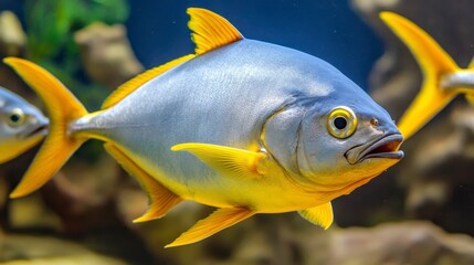 Naklejka premium Vibrant Yellow and Blue Fish Swimming in Clear Aquarium Water
