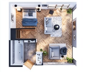Small studio apartment floor plan, bedroom, living room, bathroom, and kitchen
