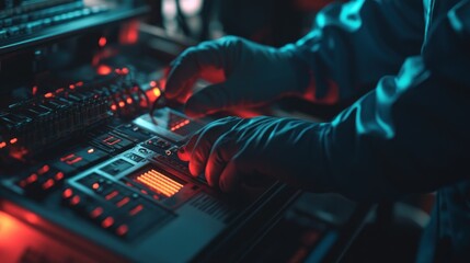 Technician adjusts control panel with glowing lights in a dark room with complex equipment