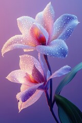 Fototapeta premium Captivating orchid bloom with delicate water droplets glistening in soft light against a pastel purple background artistic botanical beauty