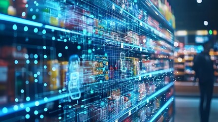 Obraz premium Grocery store shelf with digital overlay of product data. Possible use Stock photo for e-commerce, technology, or retail