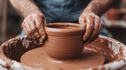 Authentic cultural immersion. A potter shaping a clay pot on a wheel with hands covered in wet clay.