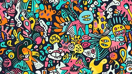 Vibrant Abstract Doodle Artwork with Playful Shapes and Bold Colors