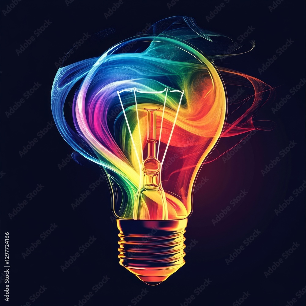 Poster Creative Concept: Colorful Energy Emanating from an Illuminated Light Bulb on Dark Backdrop.